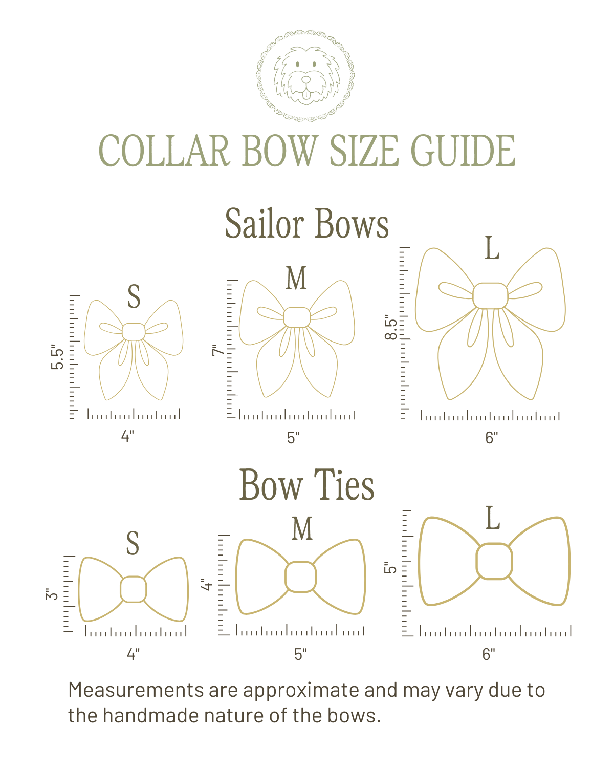 Collar bow size guide with measurements for Sailor Bows and Bow Ties on a white background.