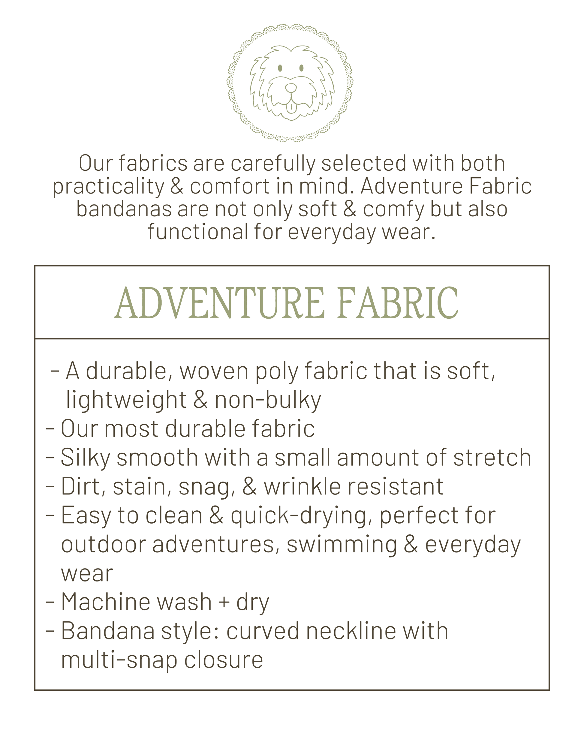 Text description of Adventure Fabric bandanas with product features on a white background