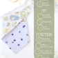 dog bandana with floral pattern and purple berries on a white background, accompanied by a green label detailing garment features.