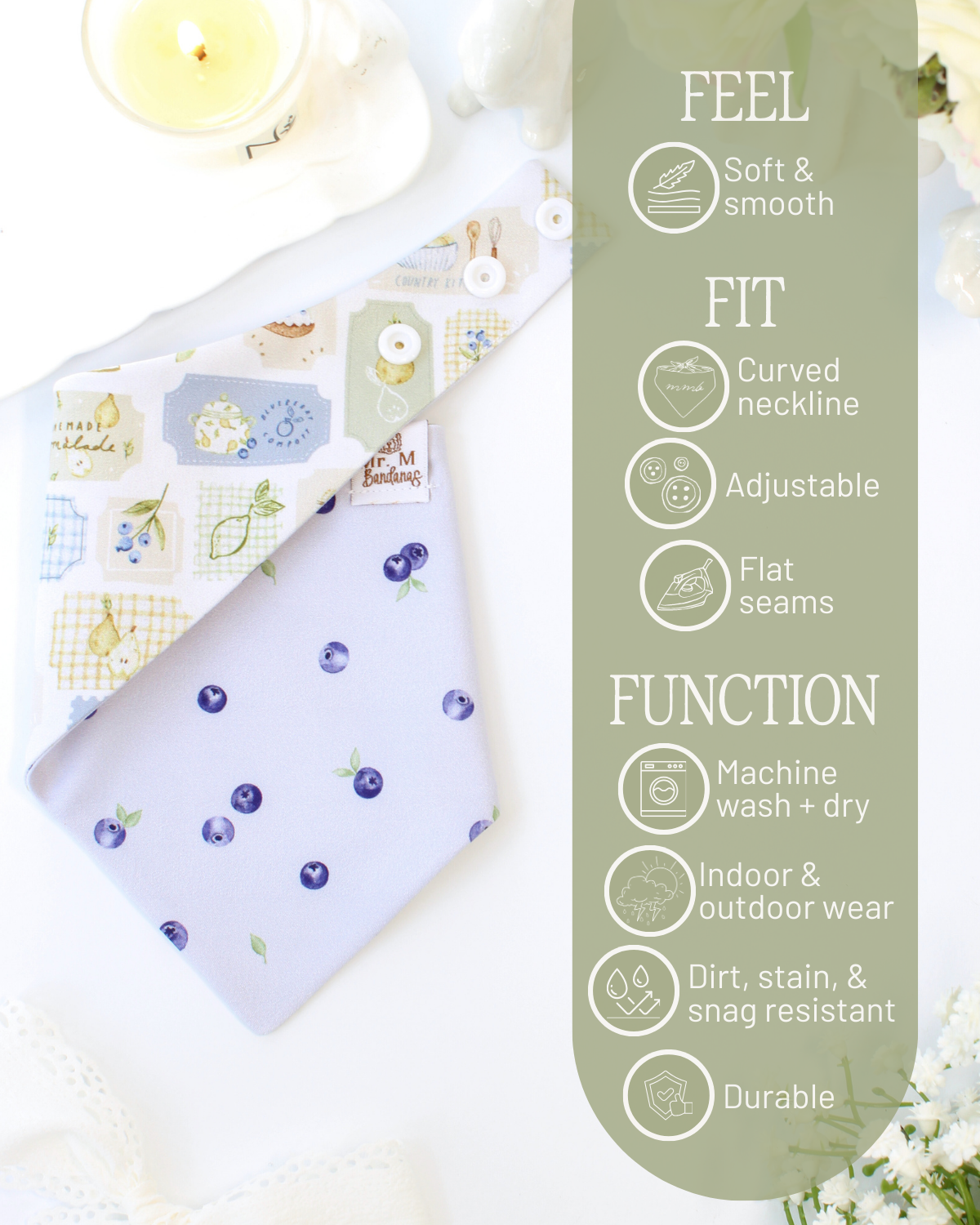 dog bandana with floral pattern and purple berries on a white background, accompanied by a green label detailing garment features.