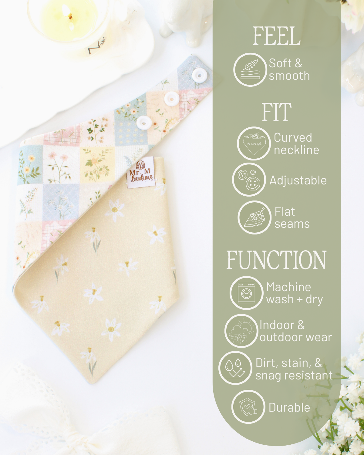 dog bandana with a quilt and a green label detailing features on a white background.