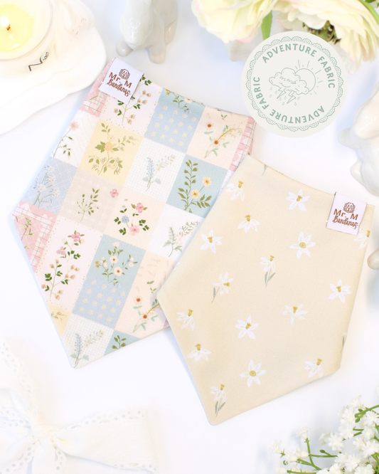 floral-patterned dog bandanas on a white background with 'Adventure Fabric' branding.