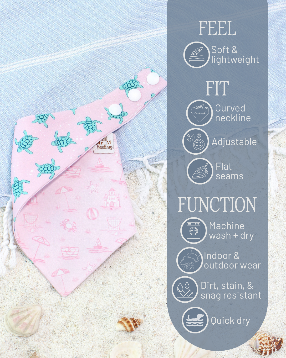 Pink bandana with turtle pattern on a sandy background with feature text overlay.