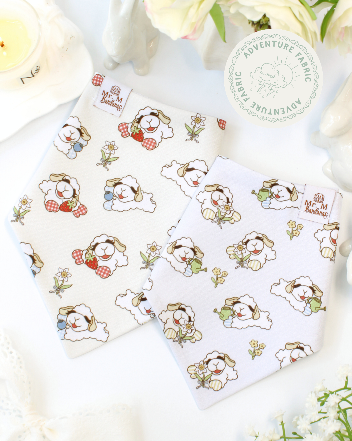 dog bandanas with cartoon designs on a white background with flowers.