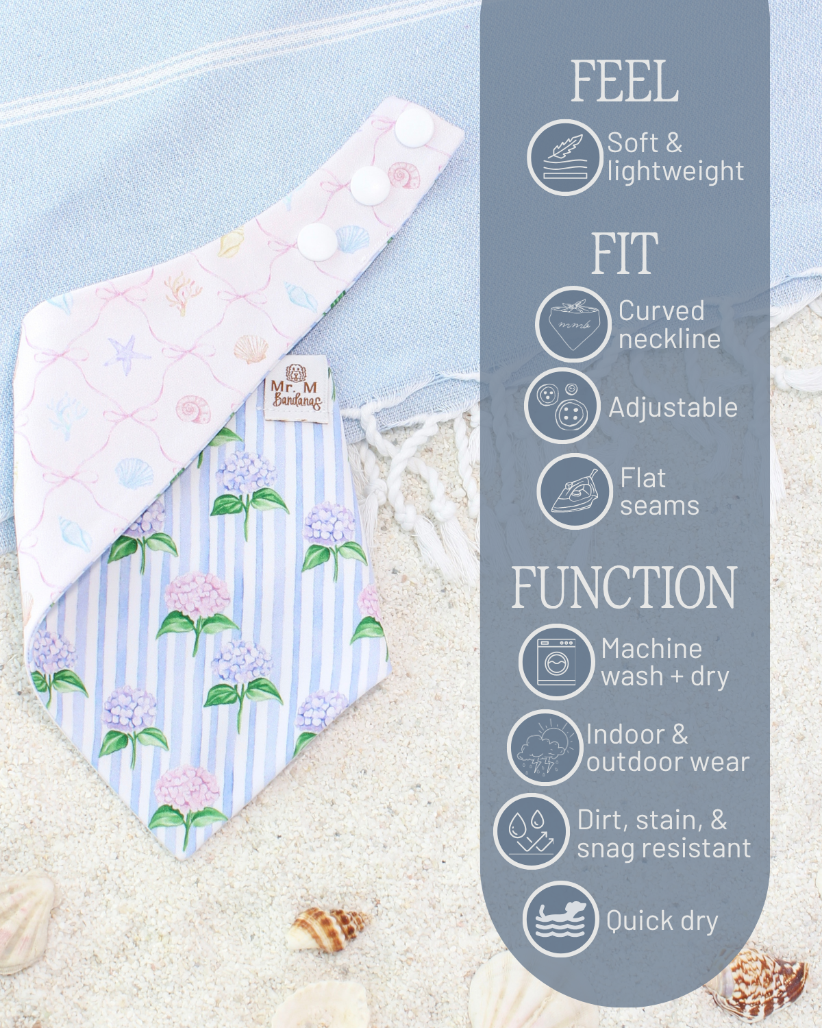 Dog bandana with product features listed.