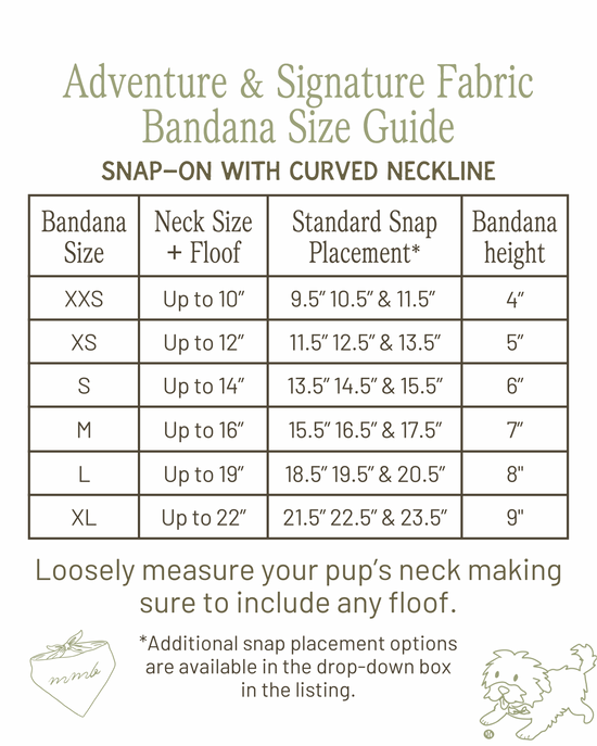 Size guide for Adventure & Signature Fabric Bandana with neck and bandana height measurements.