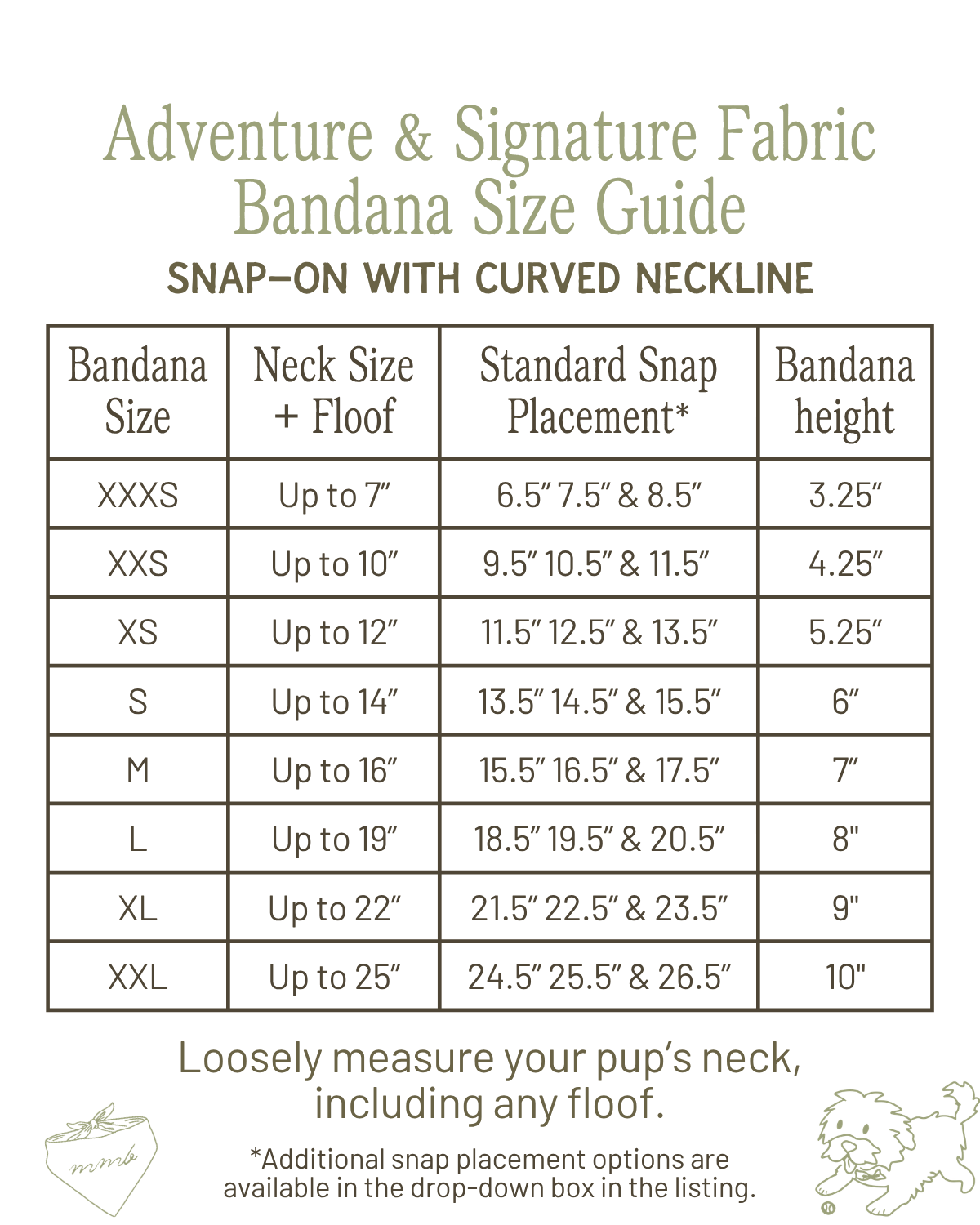 Size guide for Adventure & Signature Fabric Bandana with neck and bandana height measurements.