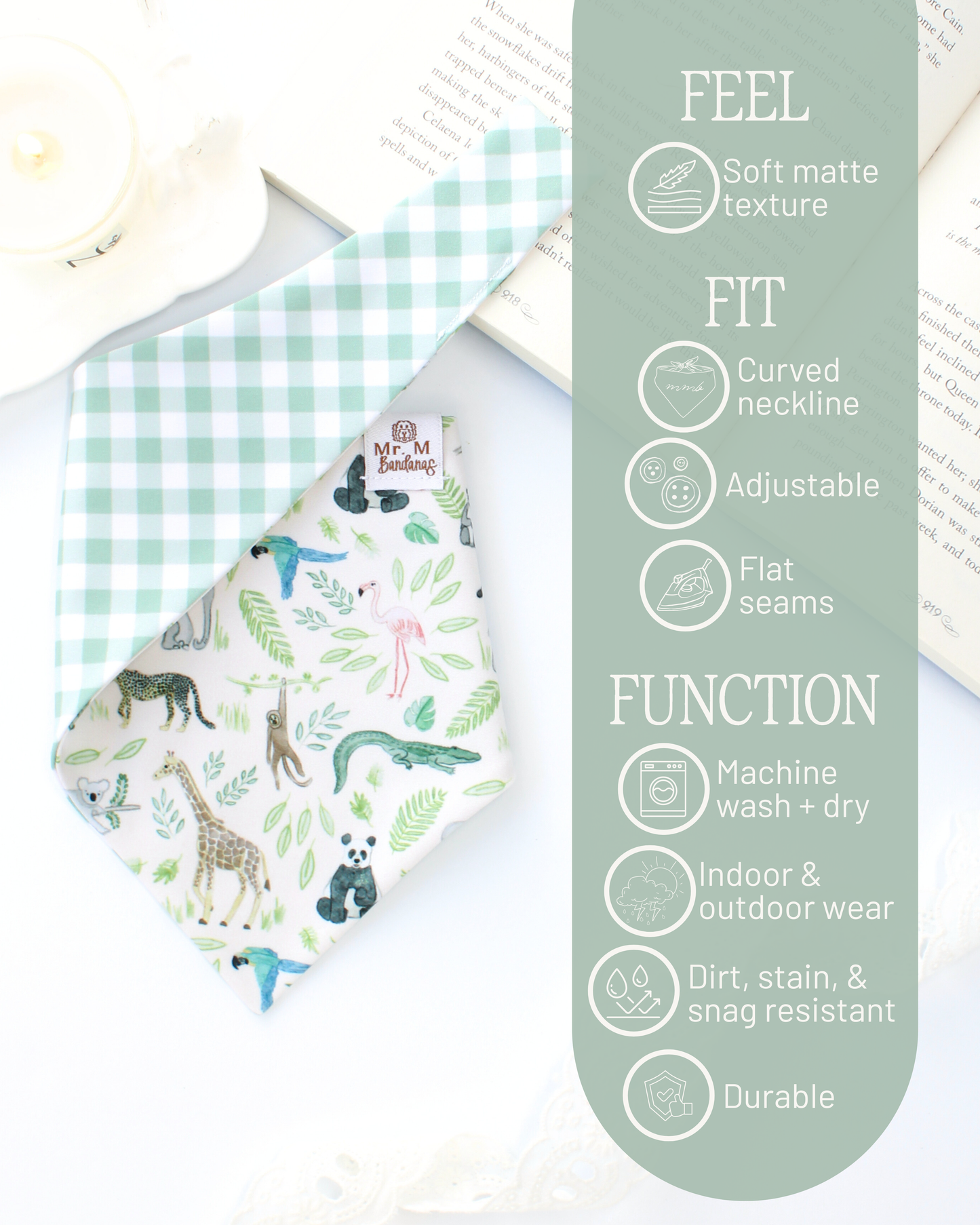 Dog bandana with animal pattern and product information card on a white background